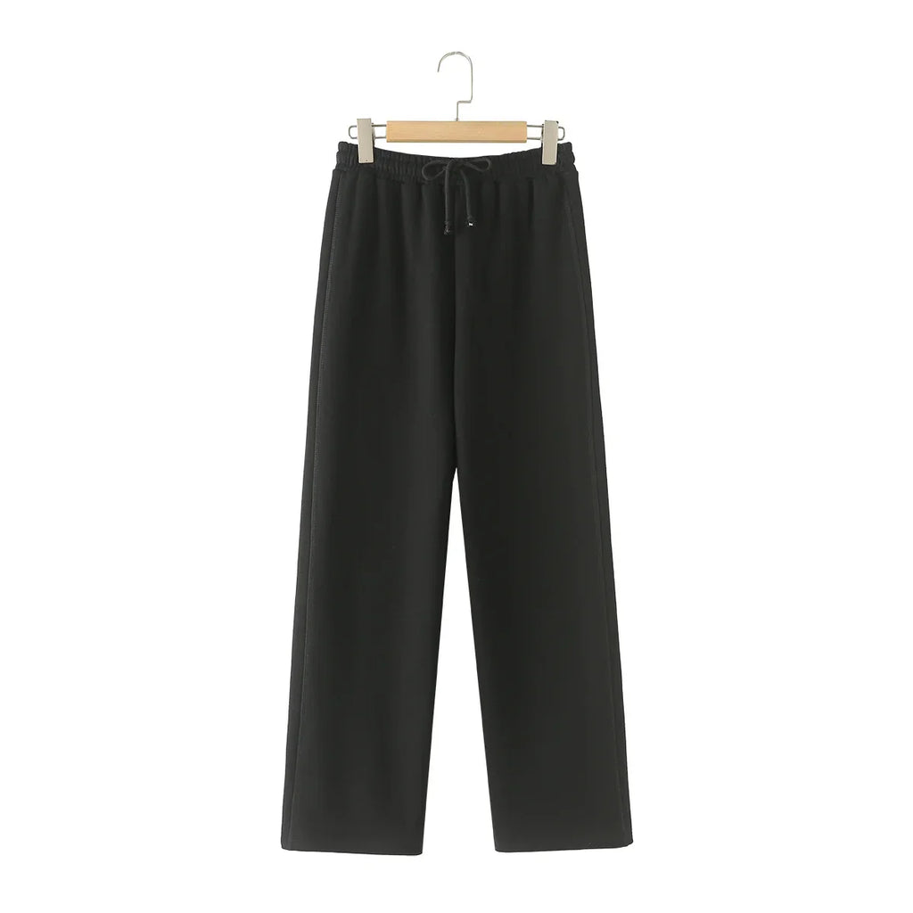 Solid Hoodie Top and Wide Leg Long Pant Set for Women with Elastic Waist and Chic Lace-Up Design