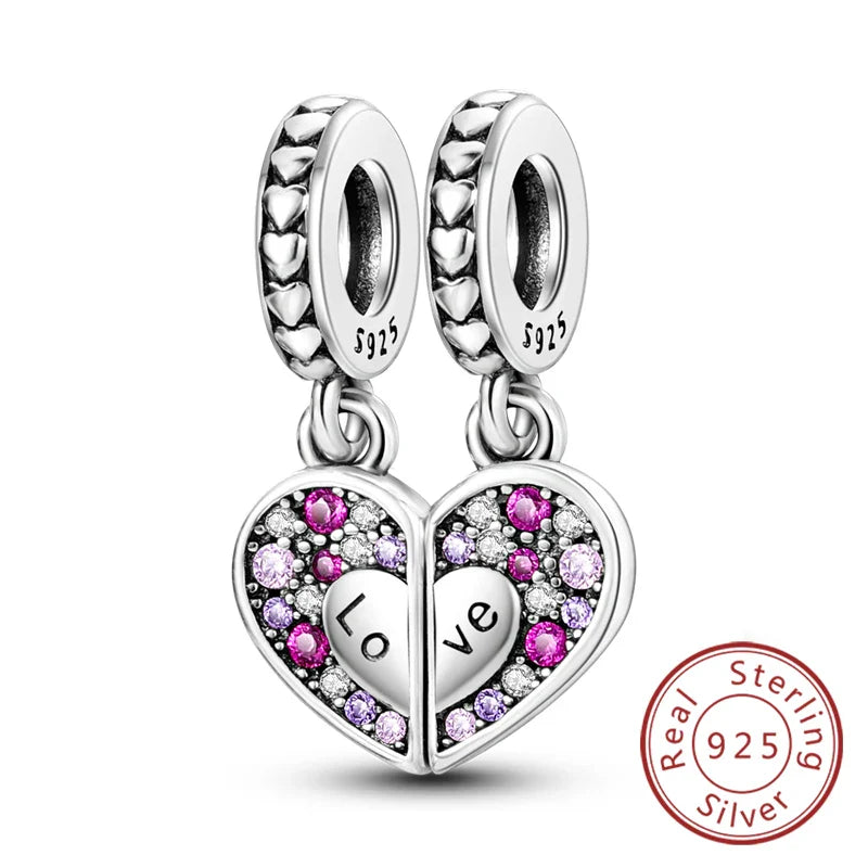 925 Sterling Silver Love Heart Family Charm Bead Pendant for Women's Bracelet Jewelry Gift