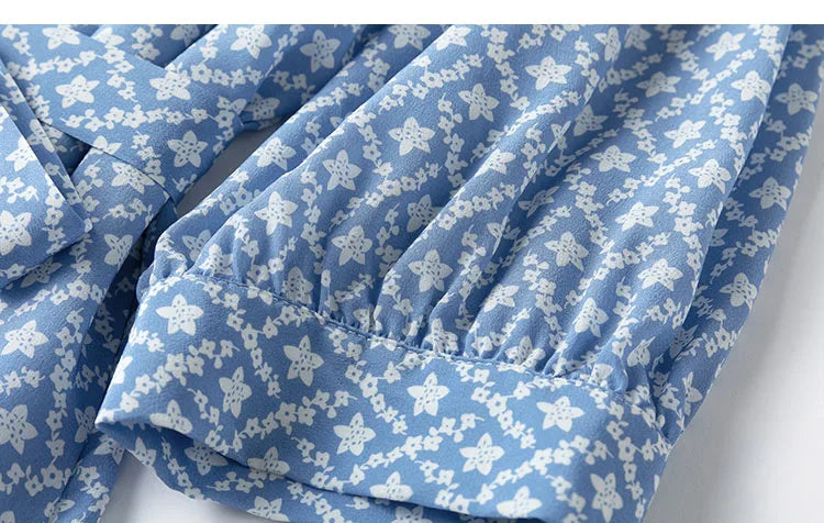 Silk Midi Dress For Women Blue Floral Ruffles V Neck