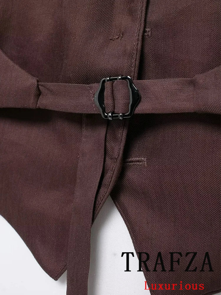 Vintage Chic Women's Suit Set with Solid Halter Vest and Straight Button Loose Pants for Office and Casual Wear