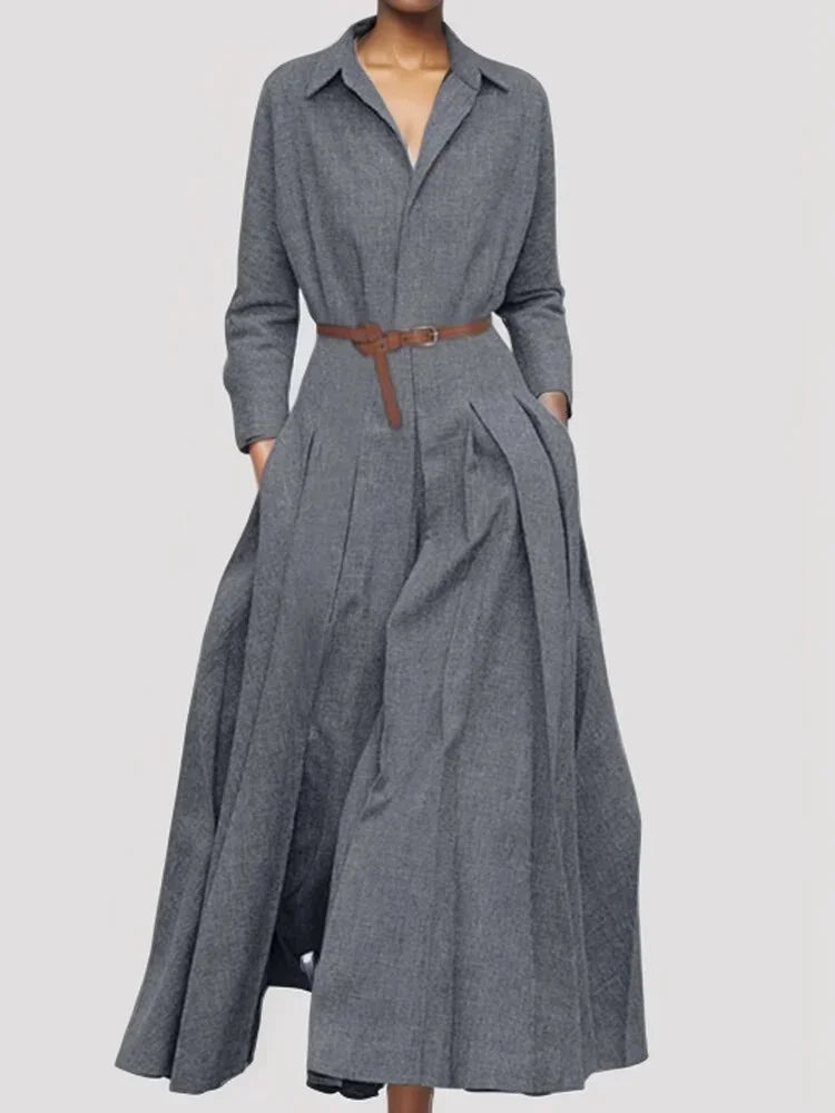 Women Long Sleeve Maxi Dress Office Casual Solid A Line