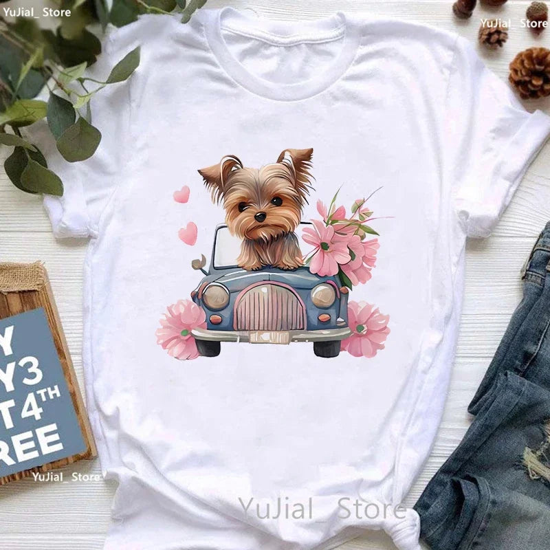 Golden Puppy Sunflower Dog Lover T Shirt for Girls Kawaii Summer Fashion Top with Pug and Yorkie Design