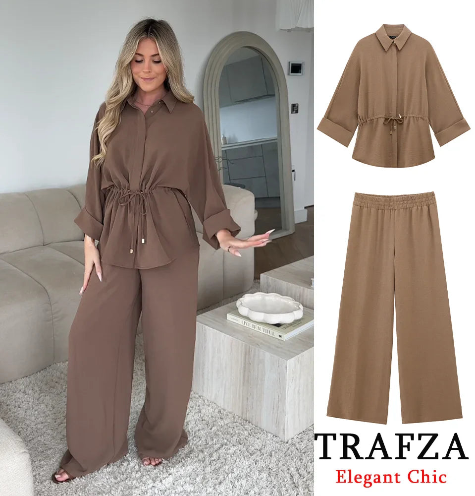 Women Casual Brown Lace-Up Waist Shirt and High Waist Wide Leg Pants Set for Spring Fashion