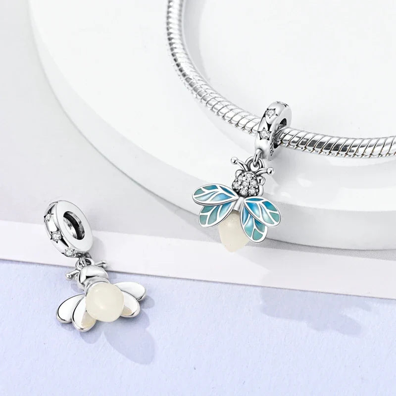Glowing Luminous Firefly Butterfly Pendant Charm Beads in 925 Sterling Silver for Bracelet Jewelry