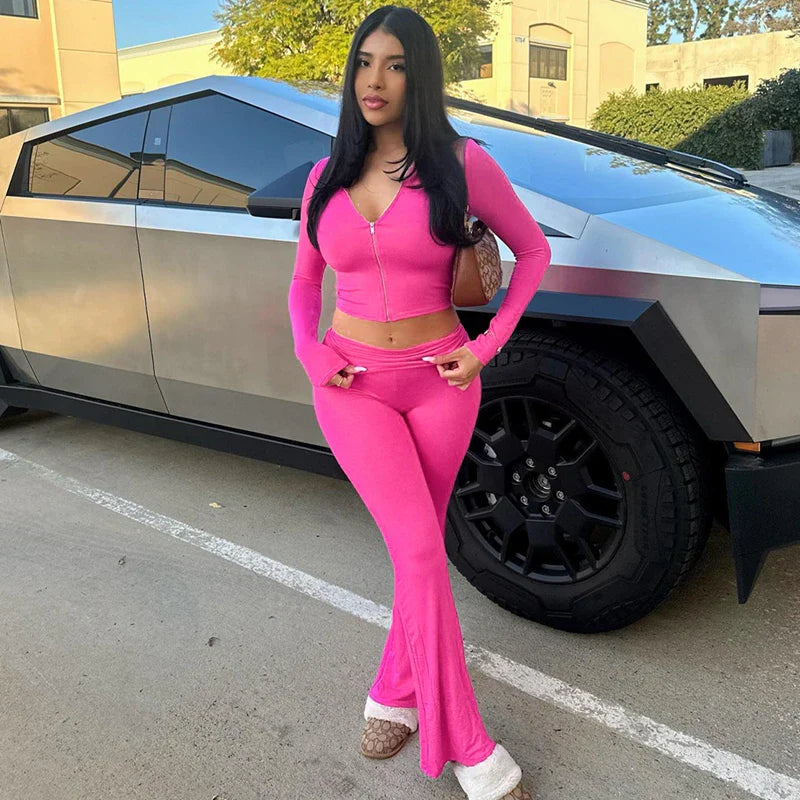 Solid Casual Sports 2 Piece Hoodie and Flare Pants Set for Women in Autumn and Winter Streetwear