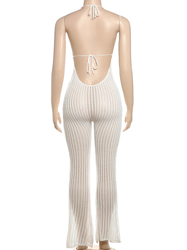 Knitted Floral Women Jumpsuit Sexy Pleated Halter Neck Bandage Low Back Skinny Overalls Trendy Solid Streetwear