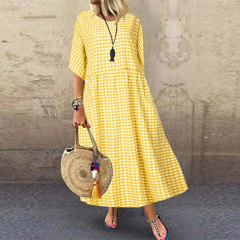 Bohemian Maxi Dress for Women Plaid Print Loose A Line