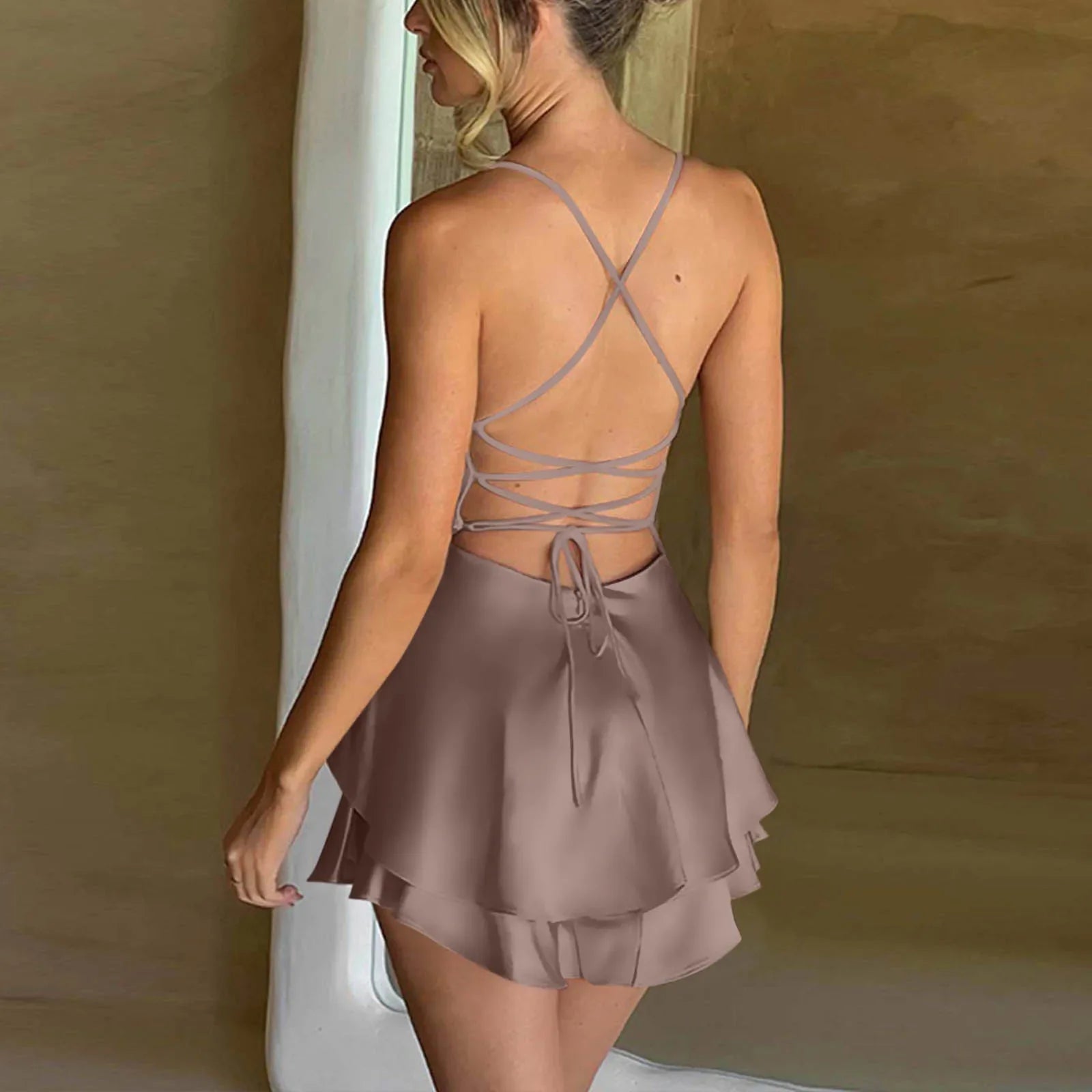 Backless Satin Party Dress With Cowl Neck Spaghetti Straps