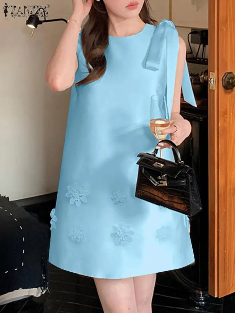 Elegant Korean Flower Bow Sleeveless Mini Dress For Women