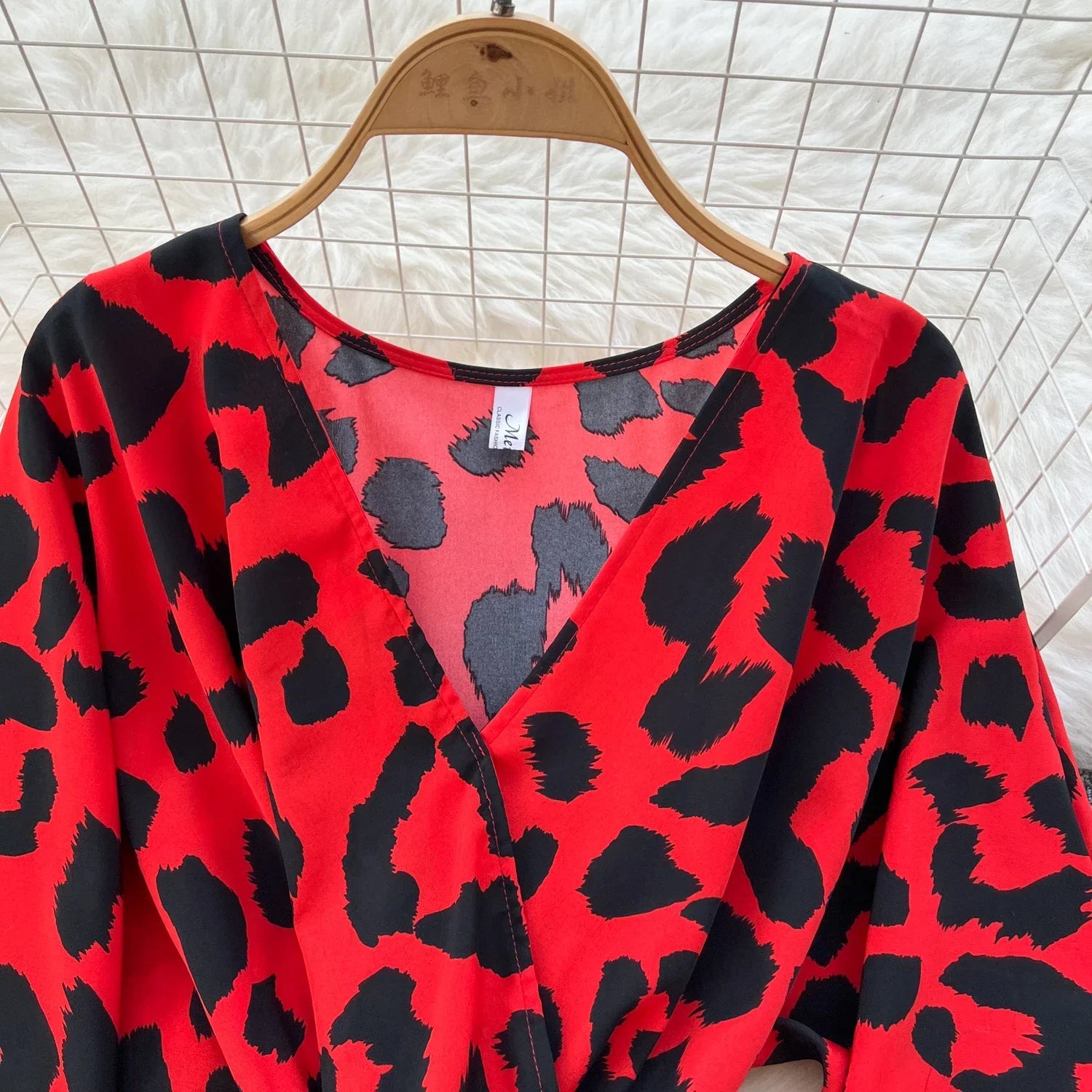 Ruched V Neck Office Dress Long Sleeve For Women Red