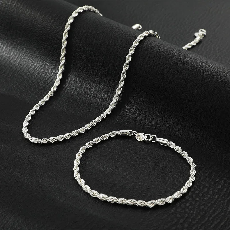 925 Sterling Silver Twisted Rope Chain Necklace and Bracelet Set for Men and Women High Quality Jewelry