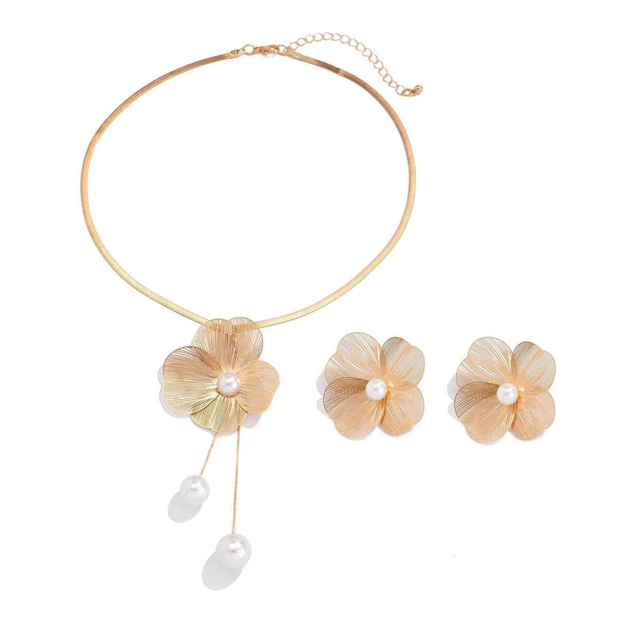 Romantic Flower Petal Imitation Pearl Pendant Choker Necklace and Stud Earrings Jewelry Set for Women