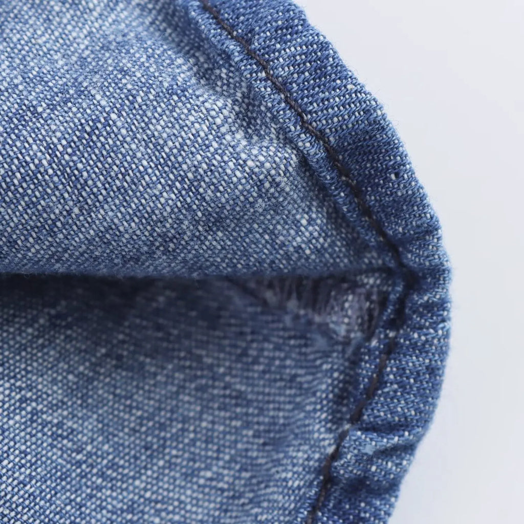 Women's Slim Fit Denim Shirt with Bow Decoration and Wide Leg Loose Long Suit