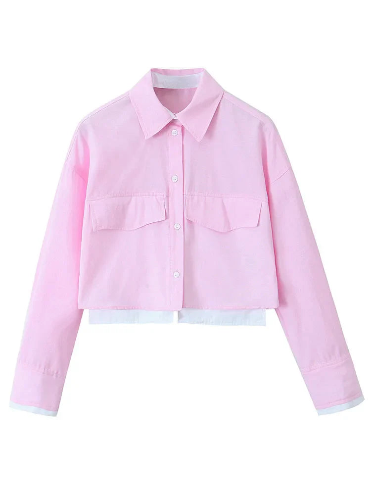 Women's Pink Patchwork Cropped Shirt Long Sleeve Button-Up Blouse Trendy Streetwear Top for Ladies