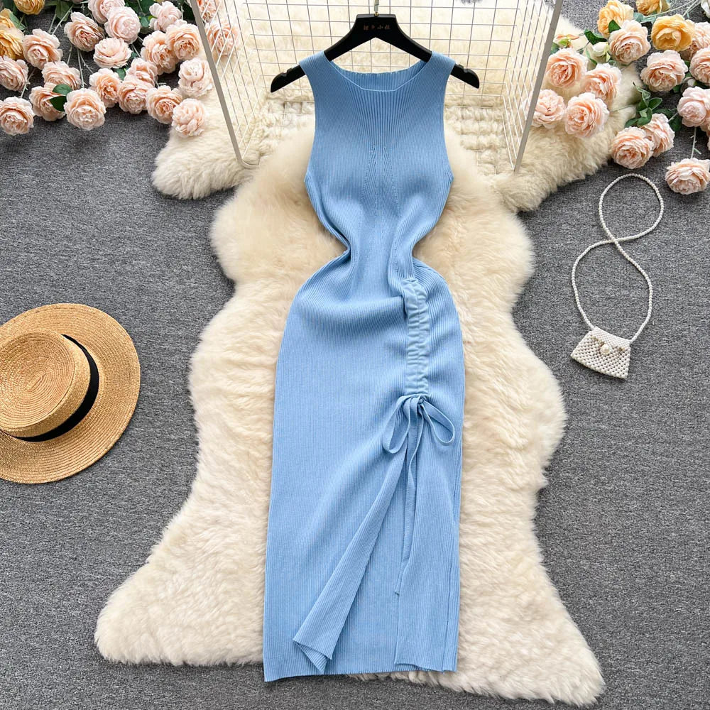 Summer Knitted Bodycon Dress Drawstring Split Black Women