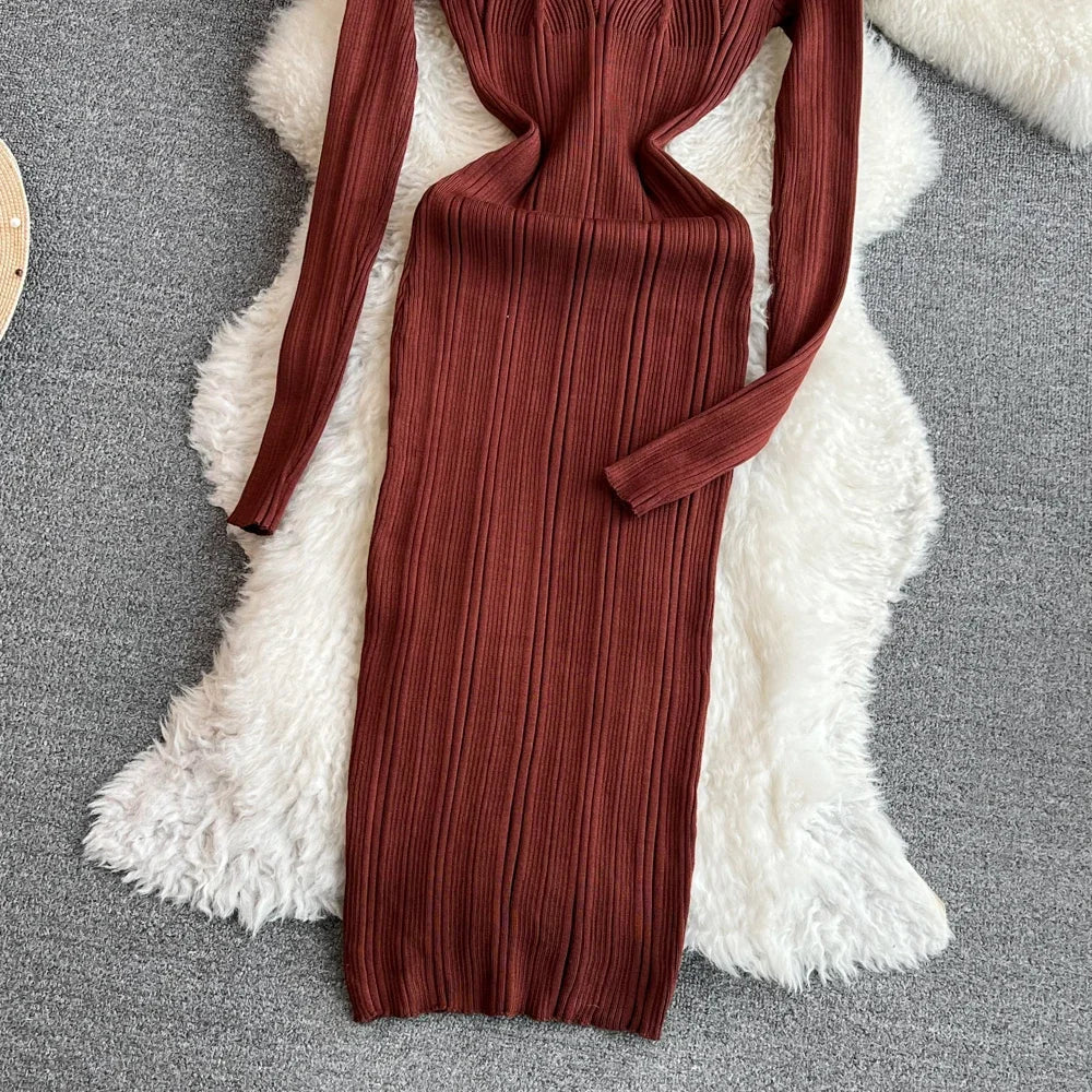 Long Sleeve Knitted Bodycon Dress For Women Autumn Retro