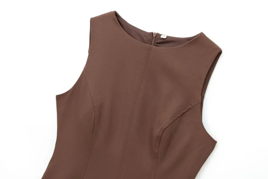 3D Cutout Mini Dress Pleated Skirt Brown Sleeveless