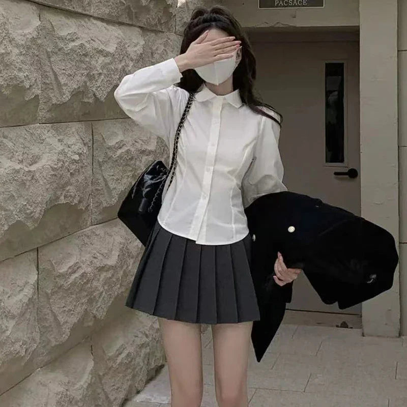 Preppy Long Sleeve White Shirt for Women Korean Chic Button-Up JK Blouse Student Uniform with Fashionable Lace-Up Detail