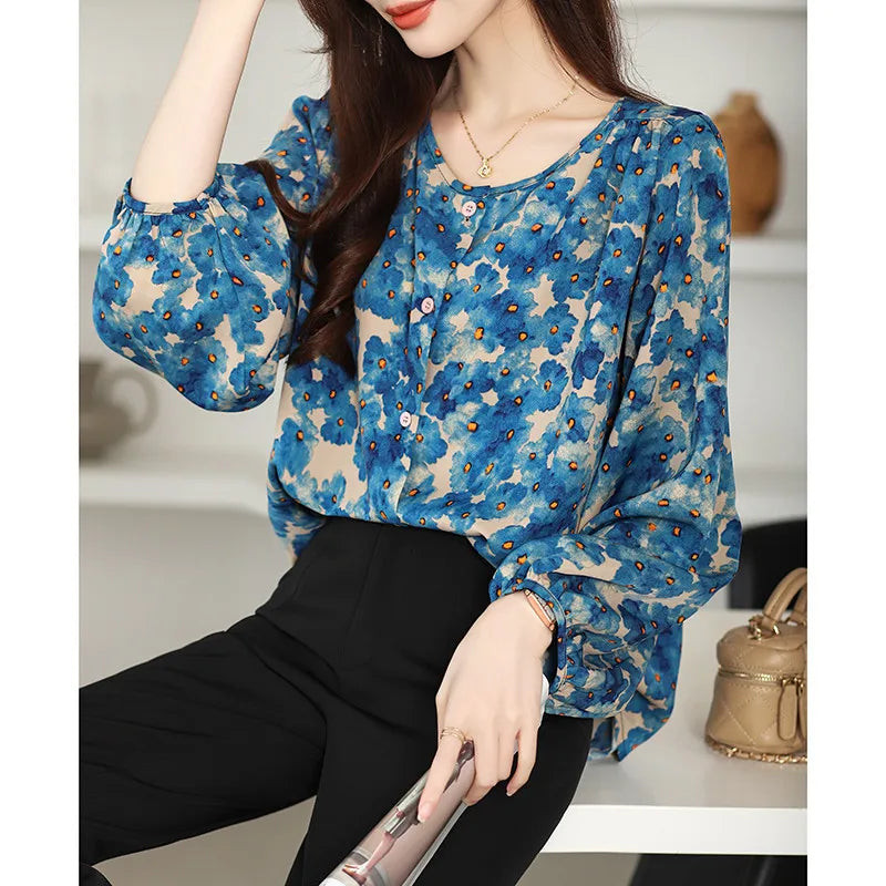 Floral Print Loose Fit Lantern Sleeve Chiffon Blouse Retro Long Sleeve Casual Women's Shirt Top