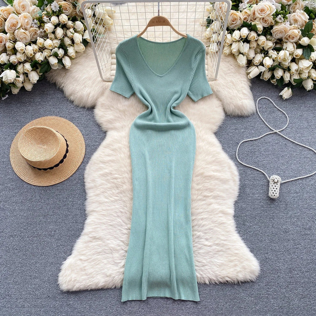 Summer Knit Bodycon Solid Dress for Women Short Sleeve Maxi