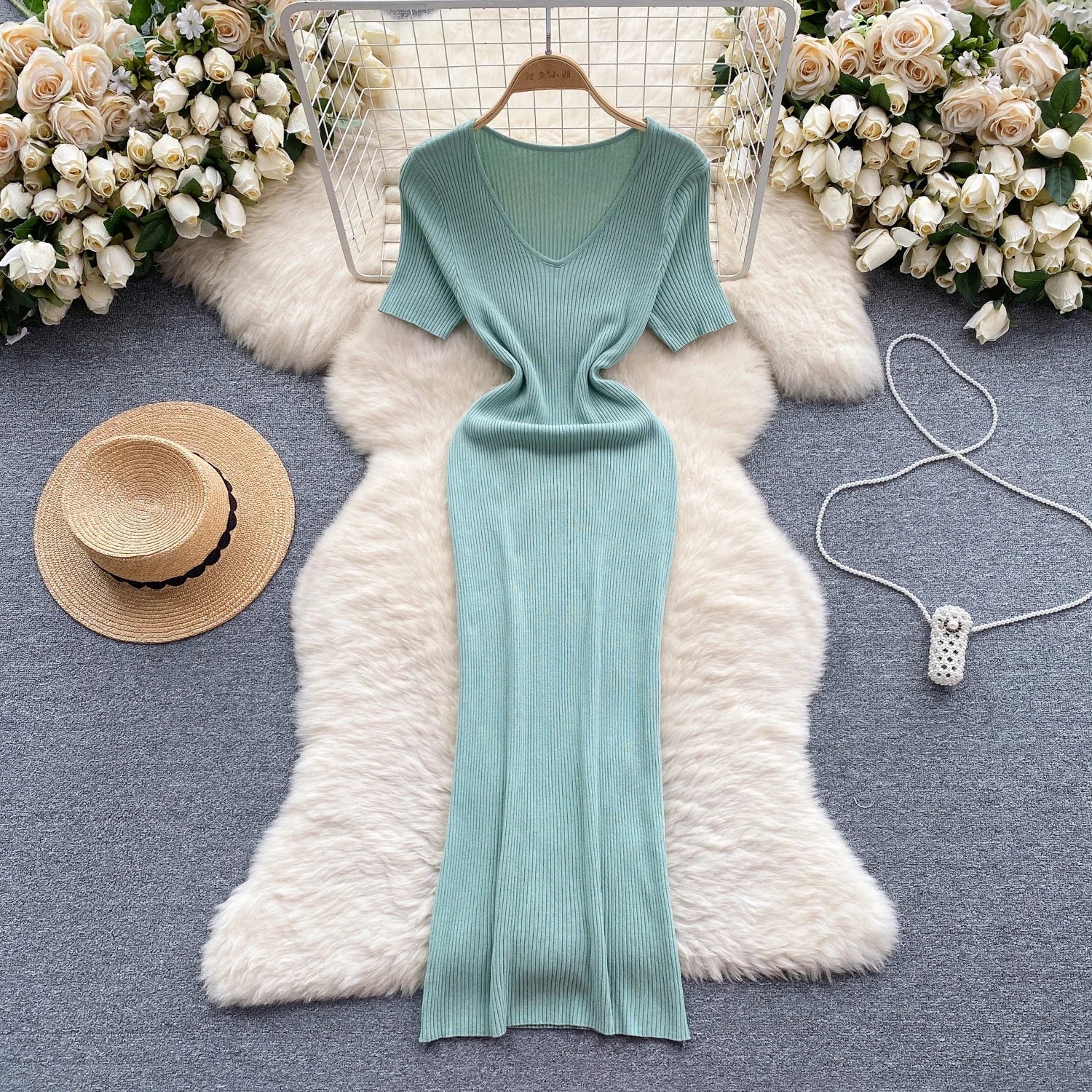 Summer Knit Bodycon Solid Dress for Women Short Sleeve Maxi