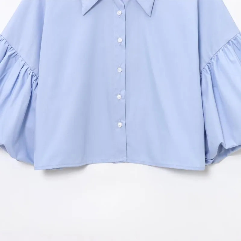Women's Casual Short Shirt with Puff Sleeves Button Front Loose Blouse Chic Spring Top