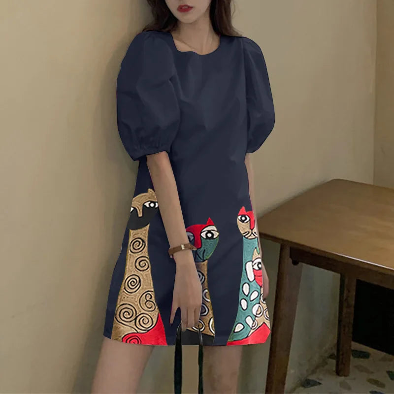 Bohemian Printed Sundress With Short Sleeves Round Neck