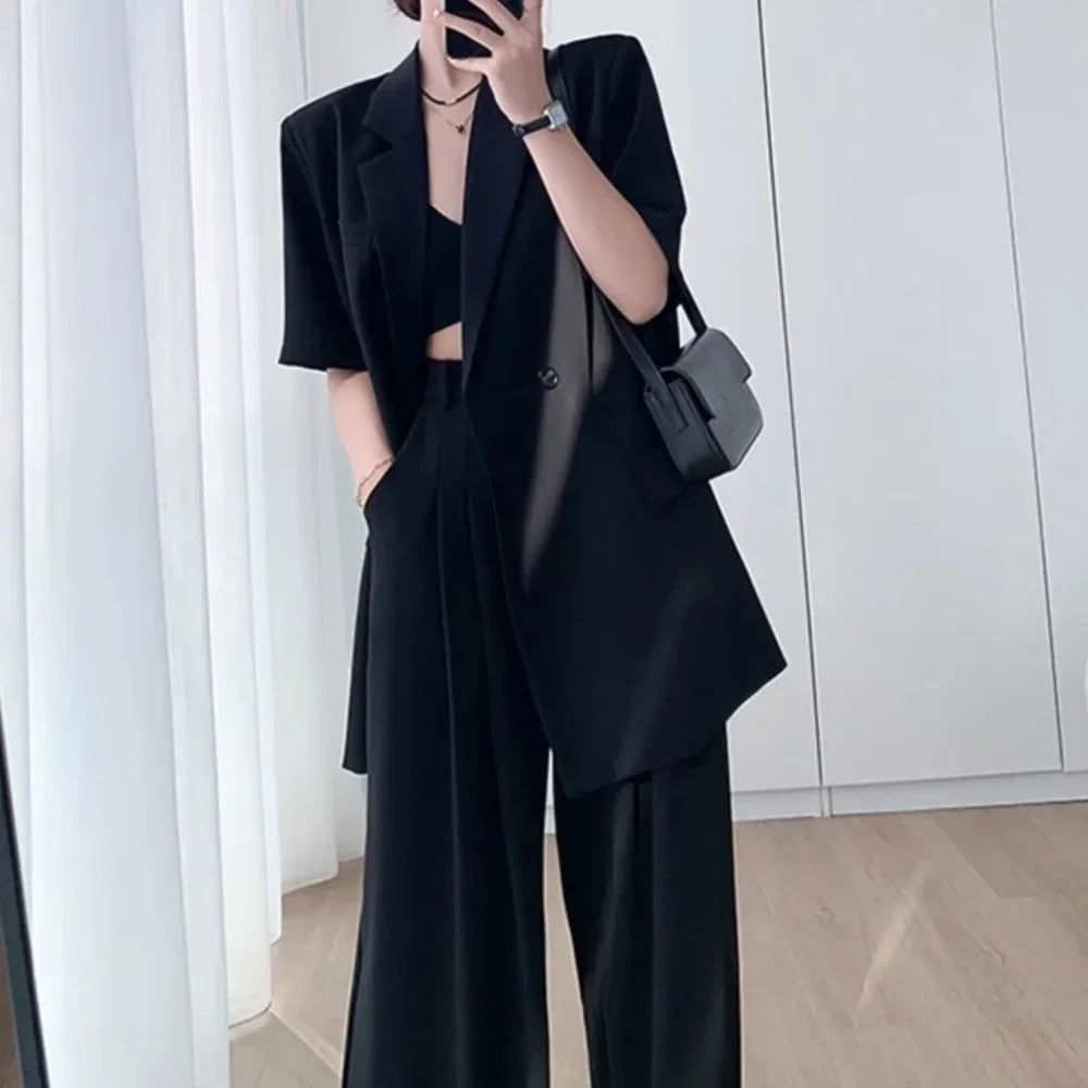 Short Sleeve Blazer Suit Set for Women - Stylish Two Piece Outfit