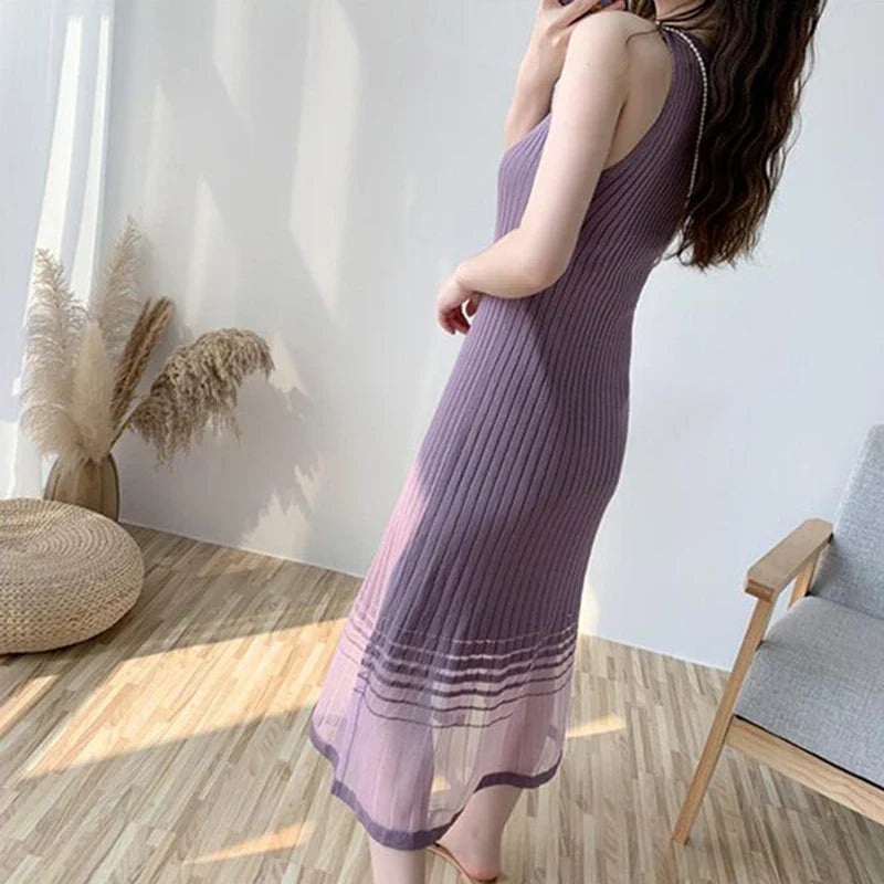 Striped Midi Dress Mesh Korean Patchwork Spaghetti Strap