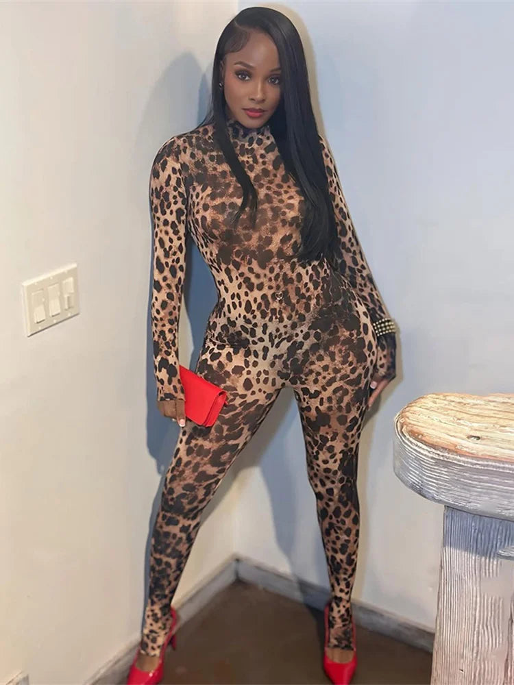 Leopard Print Women's Full Sleeve Zip Jumpsuit Skinny Stretch Fitness Workout Streetwear Overalls