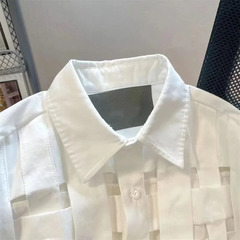 Women Short Sleeve Lapel Shirt Hollow Out Patchwork Blouse Loose Waist Casual Chic Poly Blusa