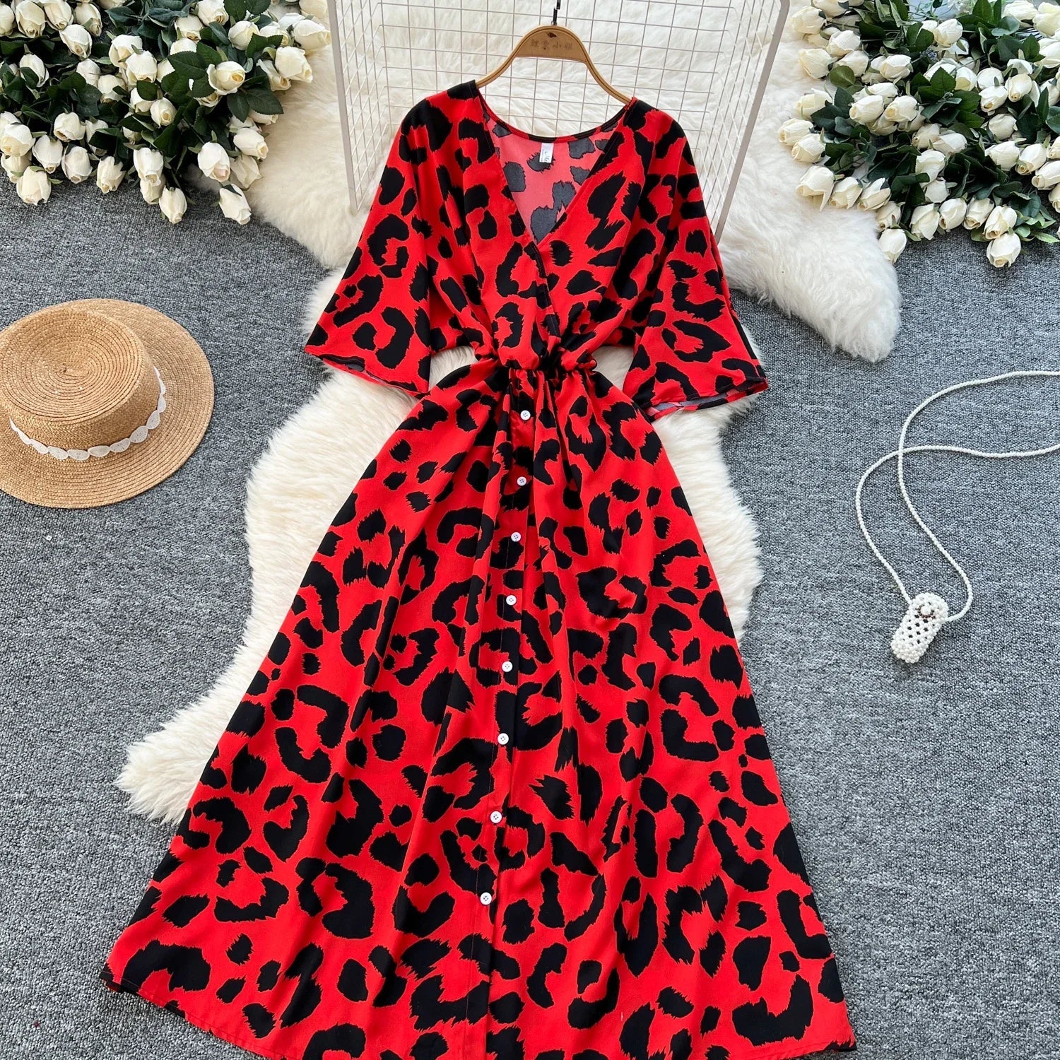 Ruched V Neck Office Dress Long Sleeve For Women Red