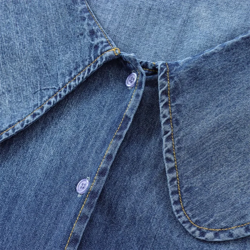 Women's Long Sleeve Cotton Cowboy Shirt with Round Collar Casual Versatile Autumn Top