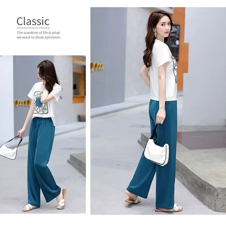 Women's Plus Size Two Piece Suit Set with Short Sleeve Tops and Wide Leg Pants for Casual Summer Fashion