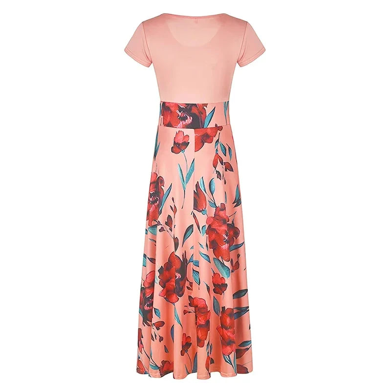 Printed Pleated Maxi Dress With Crew Neck Short Sleeves