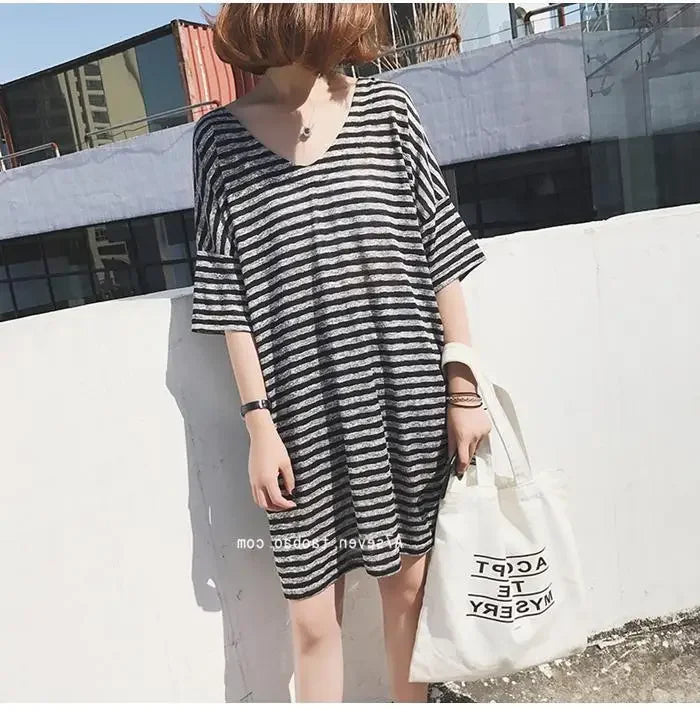 Summer Women's Striped T-Shirt Dress Loose Fit Short Sleeve Casual Tee for Home Wear