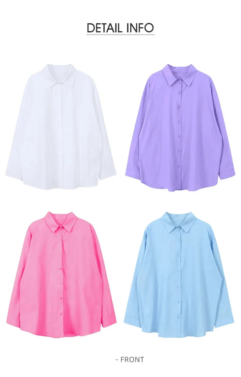 Women's Casual Loose Fit Long Sleeve Lapel Shirt 100 Percent Cotton Pure Color Versatile Layering Top for Spring and Autumn