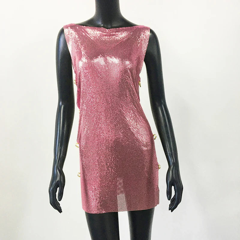 Y2K Metallic Sequins Mini Dress For Women Backless Clubwear