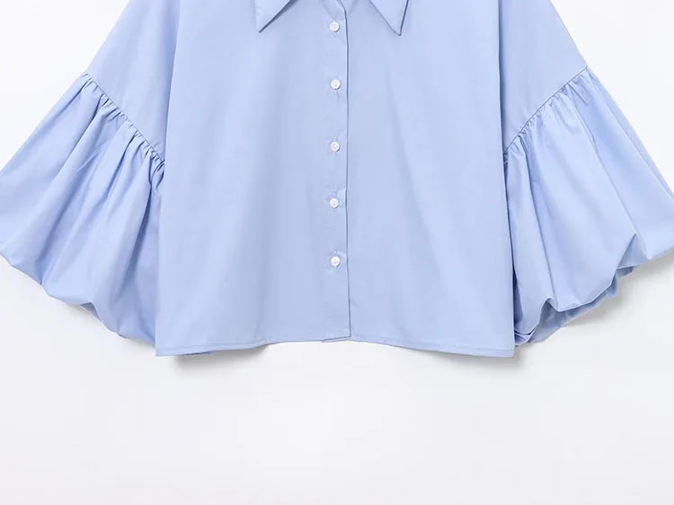 Women's Casual Short Shirt with Puff Sleeves Button Front Loose Blouse Chic Spring Top