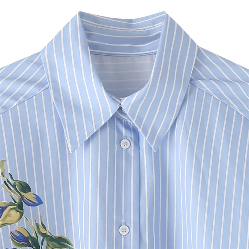 Women's Floral Print Striped Lapel Single-Breasted Long Sleeve Shirt for Early Autumn Fashion