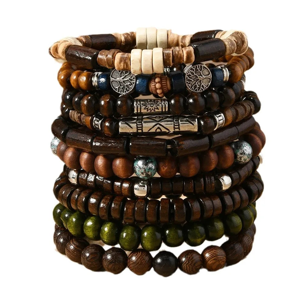 10pcs Bohemian Ethnic Beaded Bracelets for Men Vintage Multi Layer Wooden Bead Life Tree Jewelry Accessory Gift Set