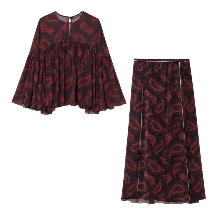 Women's Spring Printed Midi Skirt Two-Piece Set with Casual Folded Silk Texture Shirt and High Waist Skirt