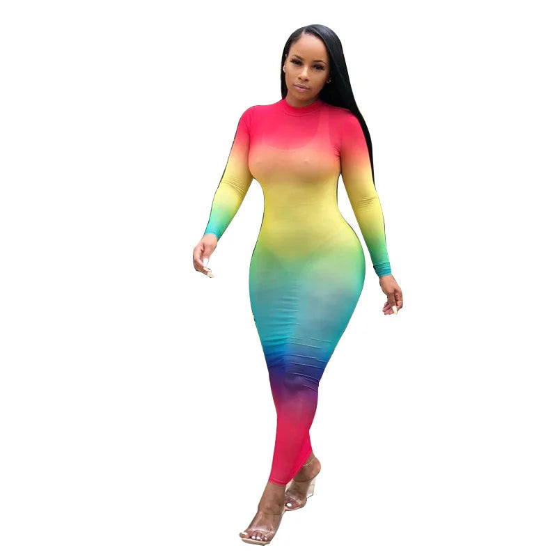 Rainbow Gradient Sheer O Neck Dress For Clubwear Nights