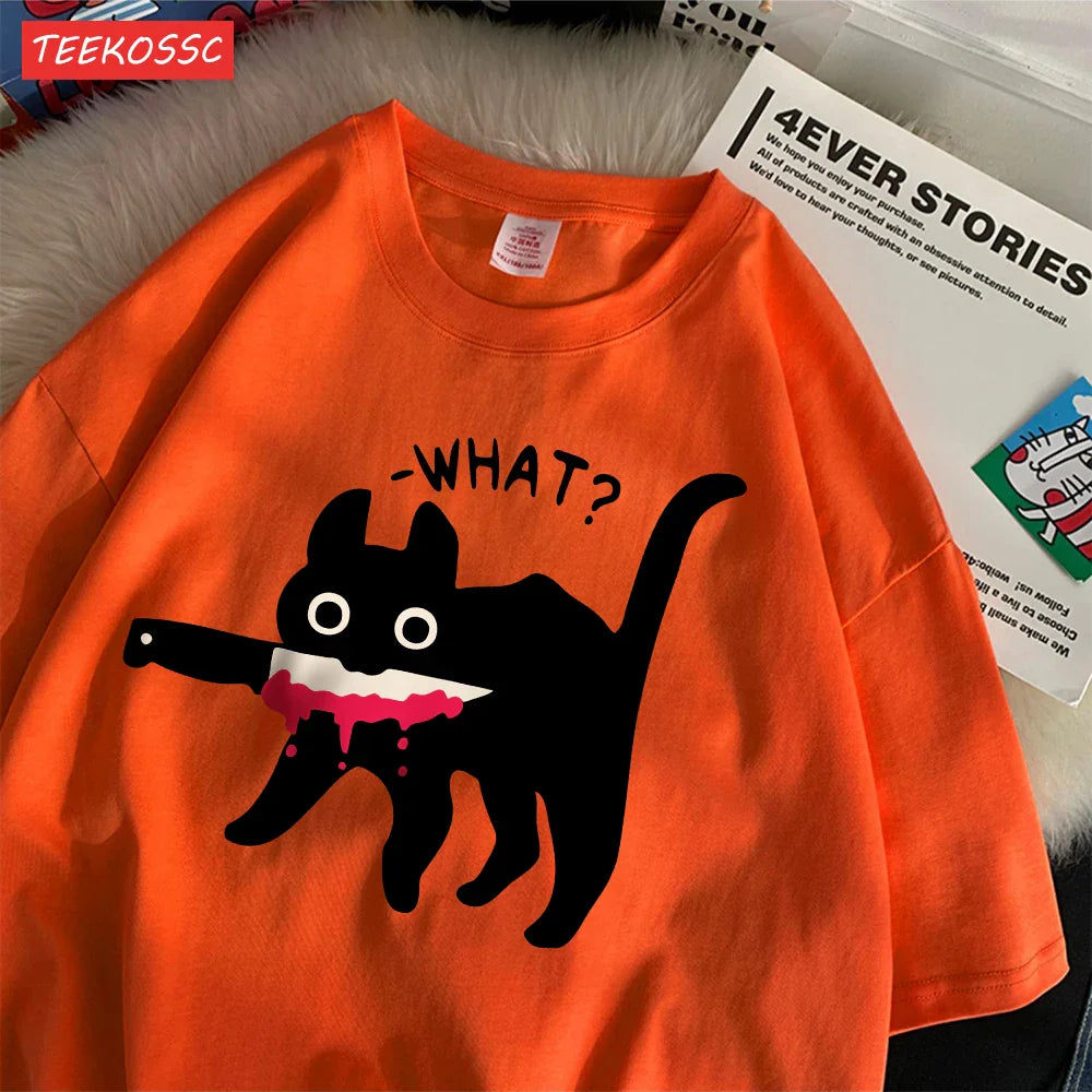 Summer Cotton Women's T-Shirts with Black Cat Print Casual Oversize O-Neck Streetwear for Daily Life and Dating