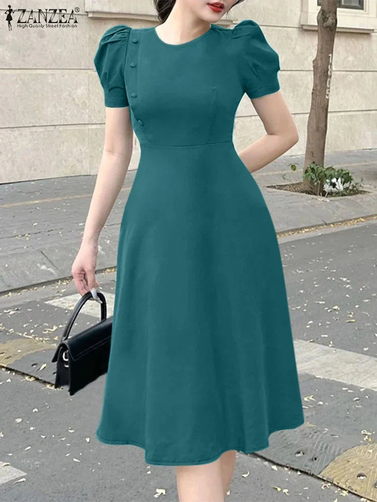 Elegant Short Puff Sleeve A Line Sundress for Office