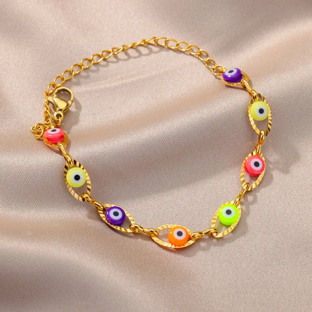 Gothic Rainbow Evil Eye Bracelet for Women Stainless Steel Gold Color Turkish Charm Chain Jewelry