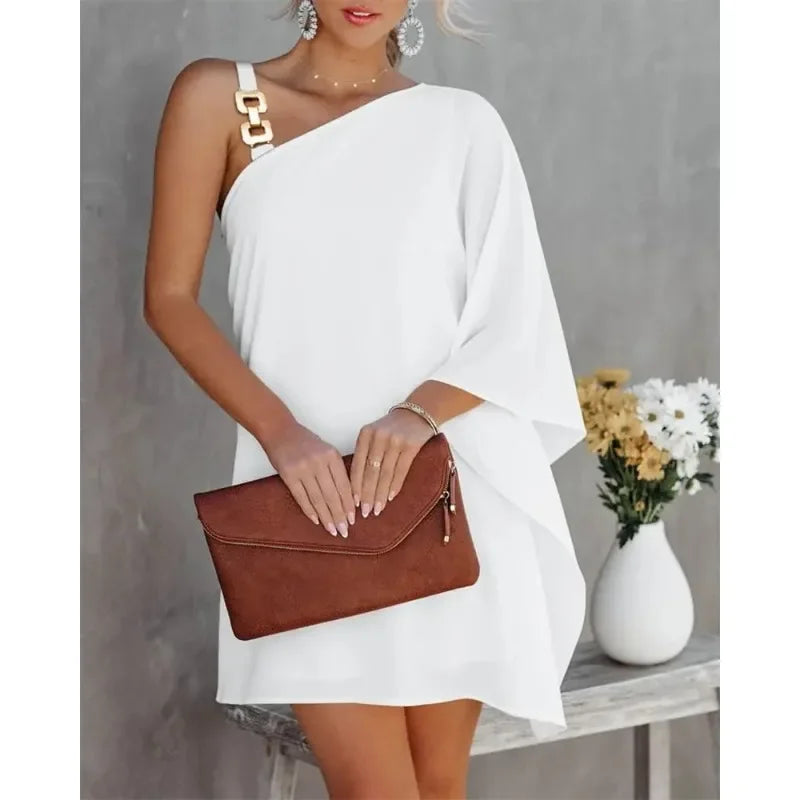 Summer Off Shoulder Dress With Printed Diagonal Neck Bat Sleeve