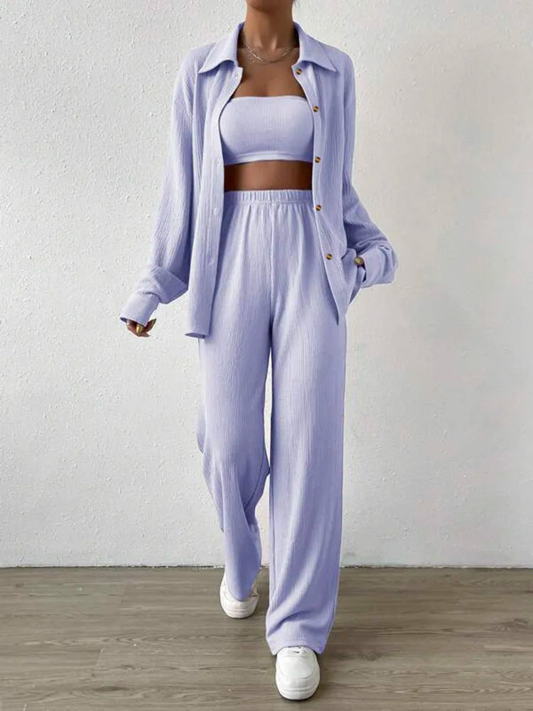 Autumn Women's Casual 2 Piece Outfit Long Sleeve Button Blouse and Wide Leg Loose Pants Loungewear Set
