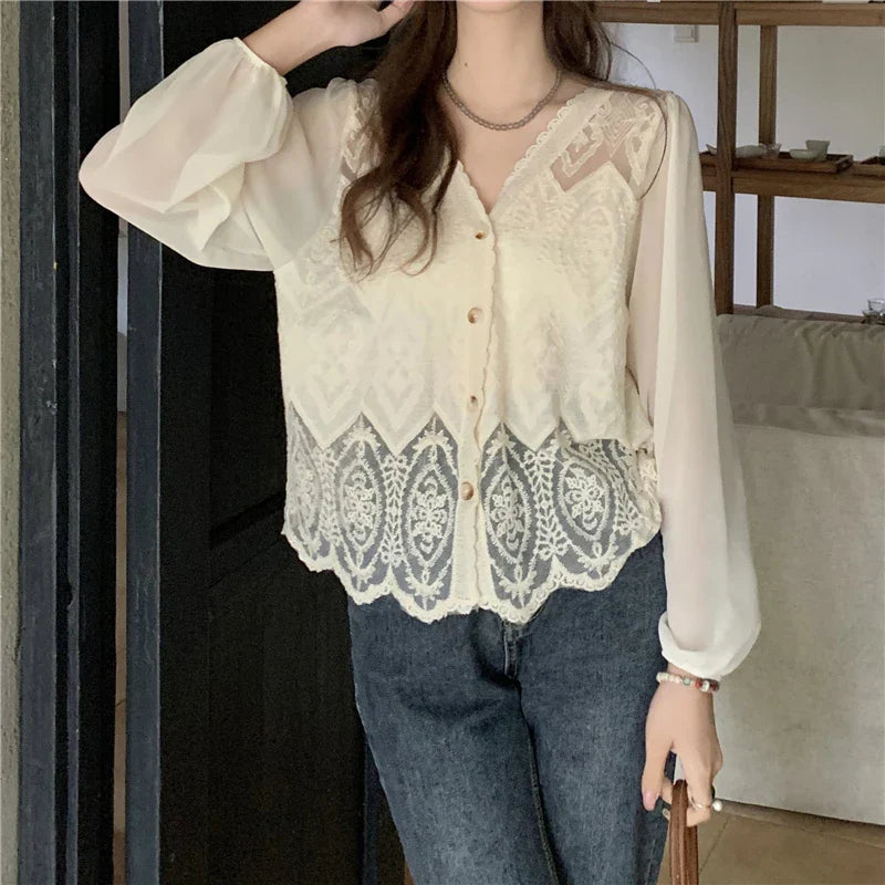 Lace Crochet Women's Blouse with V-Neck Patchwork Long Sleeve Single Breasted Shirt for Spring and Summer