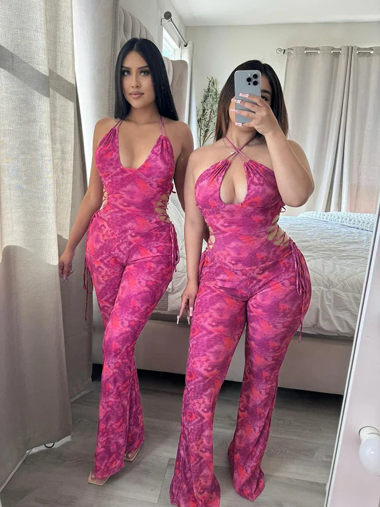 Backless Tie-Dye Side Shirring Jumpsuit for Women Sleeveless Skinny Overalls Sexy Clubwear and Workout Midnight Party Outfit